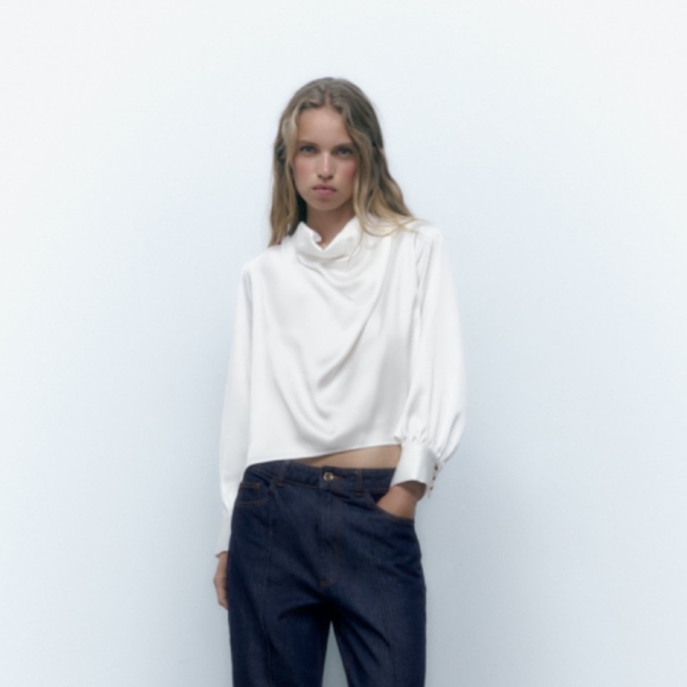 ZARA Flowy Collar Satin Effect Shirt NWT